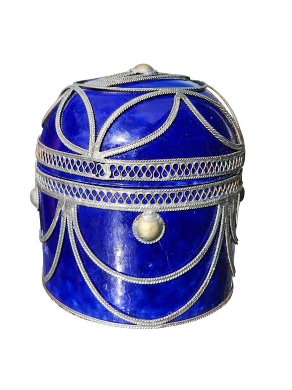 Moroccan Cobalt Blue Ceramic Trinket Box Filigree Metal Overlay Covered Jar